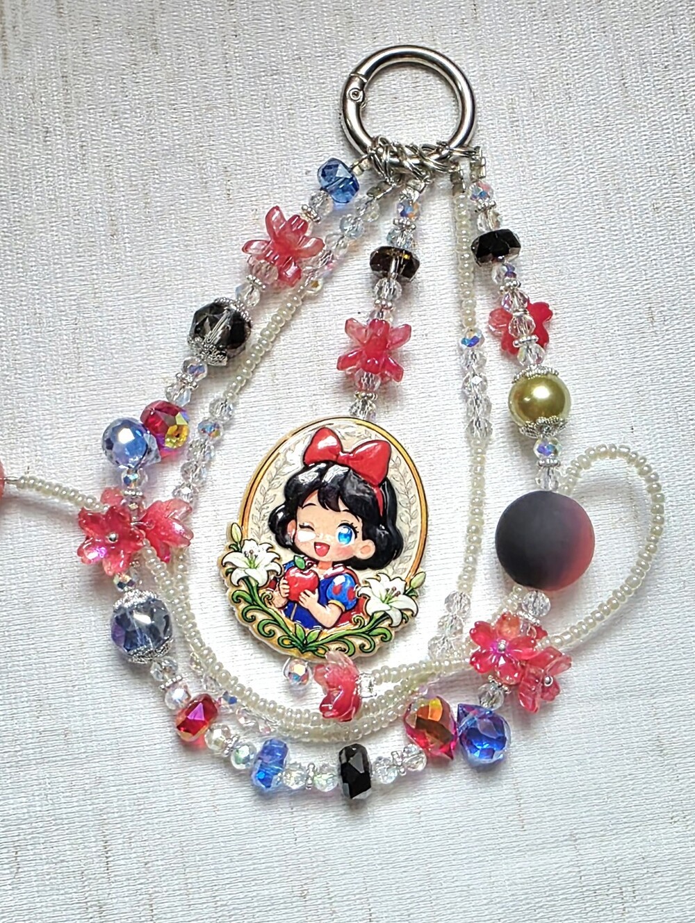 Snow White Princess Inspired Trendy Beaded Phone or Bag Charm with Red Accents